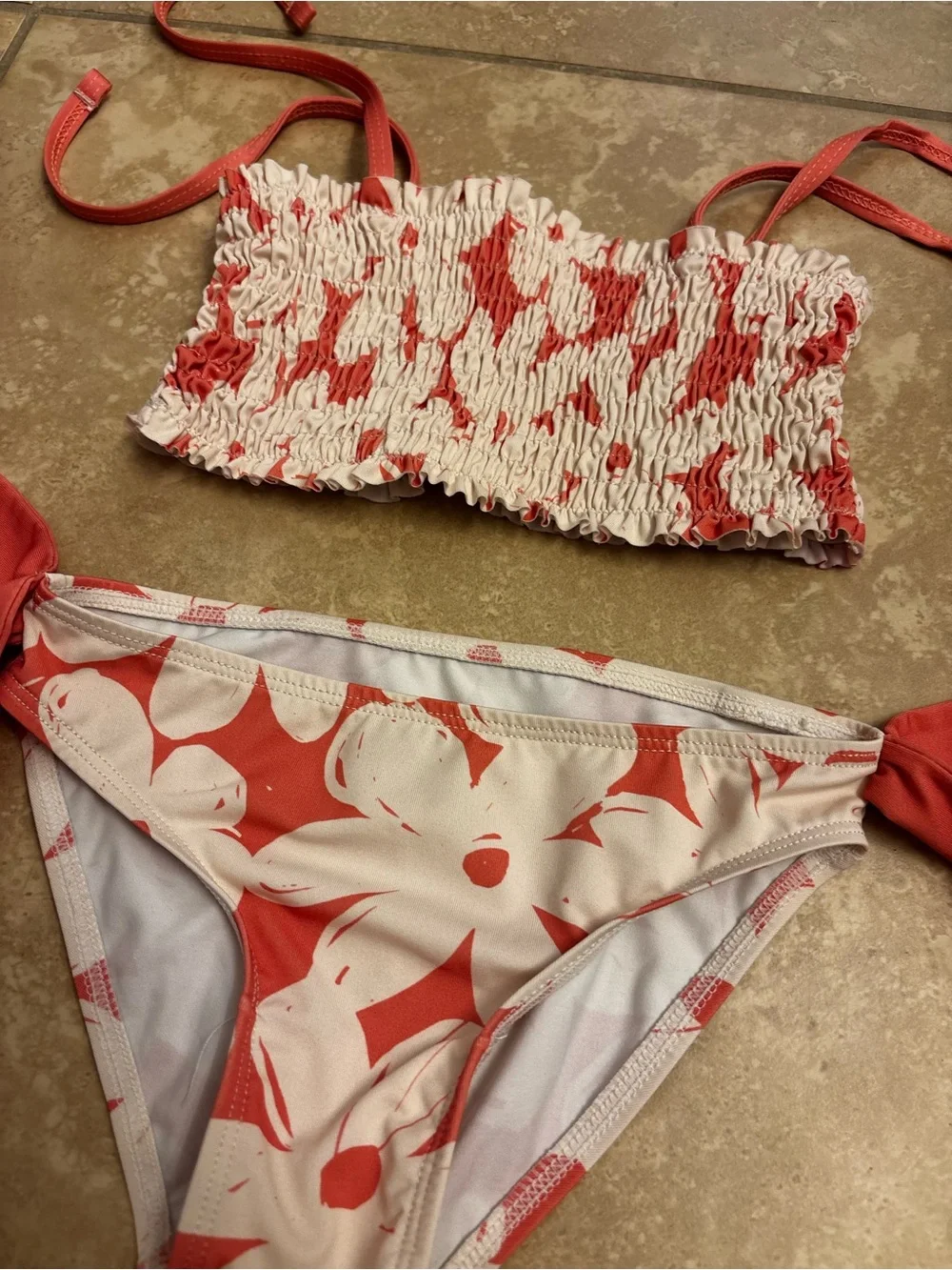 Girls Coral Pink Floral Tie-Side Bikini Set